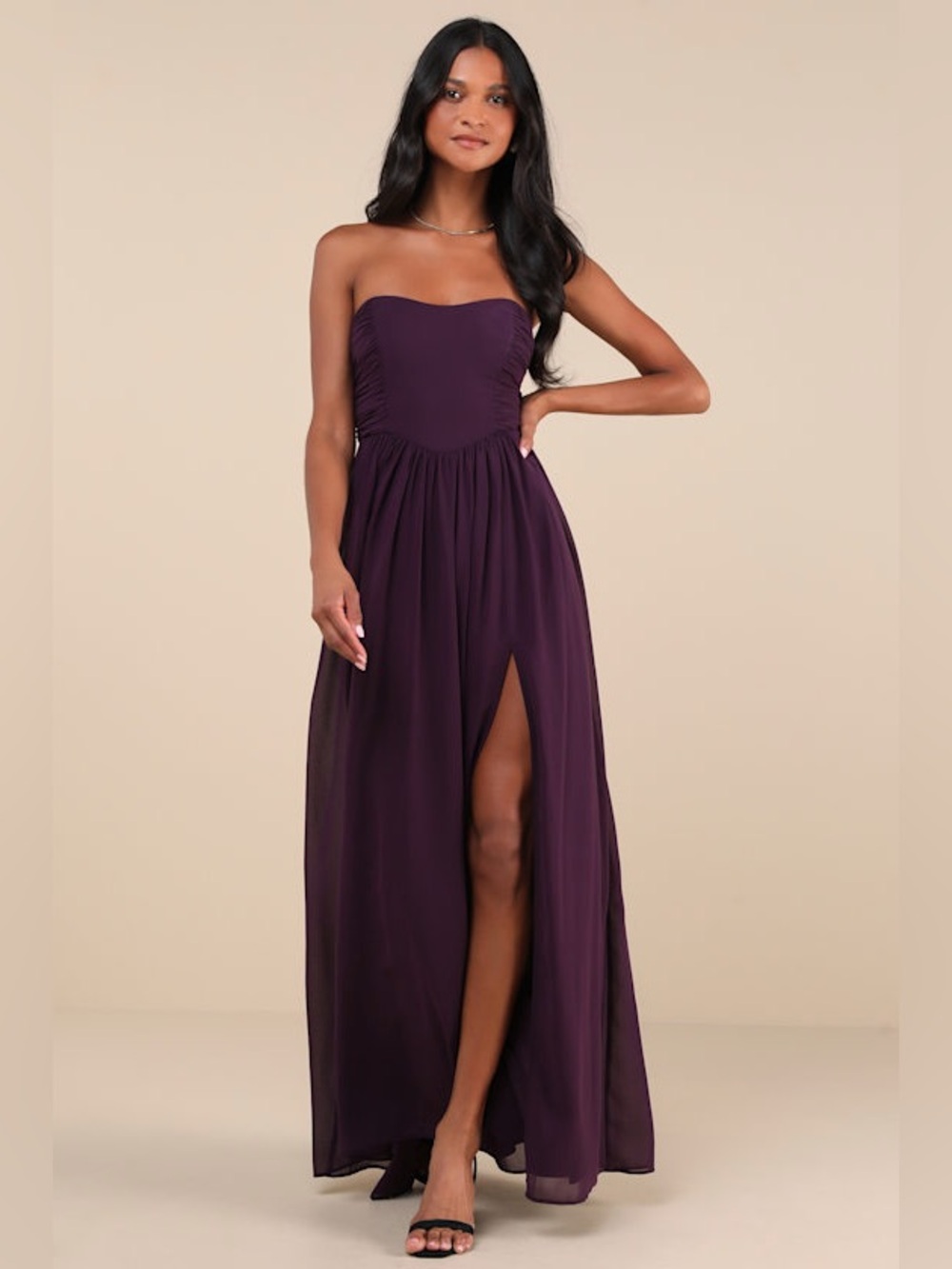 Lulus Luxe Favorite Dark Purple Strapless Ruched Maxi Dress Medium New with Tags